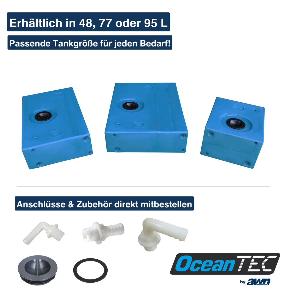 OceanTEC Fäkalientank, Kunststoff, großer Inspektionsdeckel, wahlweise Anschlussmöglichkeiten - 48 - 95 Liter