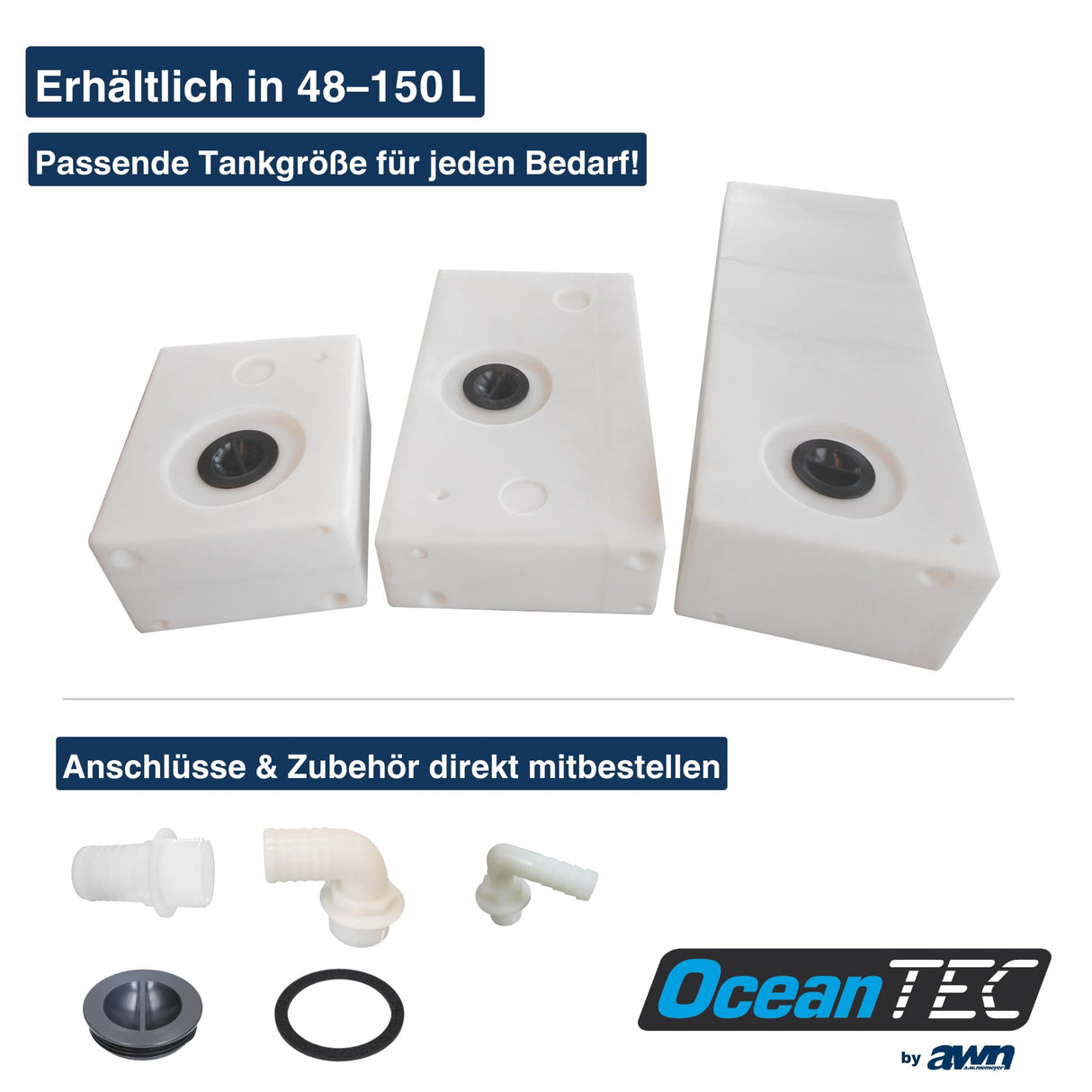 OceanTEC Frischwassertank Kunststoff, Wasserbehälter mit Inspektionsdeckel und in versch. Anschlussmöglichkeiten