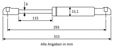 Gasdruckfeder 293mm / 115mm mit Kugelkopfaufnahme Silber