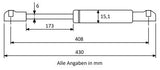 Gasdruckfeder 408mm / 173mm mit Kugelkopfaufnahme Silber