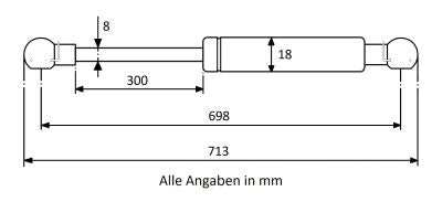 Gasdruckfeder 698mm / 300mm mit Kugelkopfaufnahme Schwarz