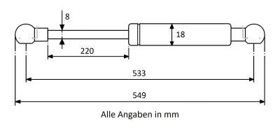 Gasdruckfeder 533mm / 220mm mit Kugelkopfaufnahme Schwarz