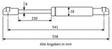 Gasdruckfeder 541mm / 230mm mit Kugelkopfaufnahme Schwarz