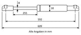 Gasdruckfeder 592mm / 255mm mit Kugelkopfaufnahme Schwarz