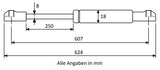 Gasdruckfeder 607mm / 250mm mit Kugelkopfaufnahme Schwarz