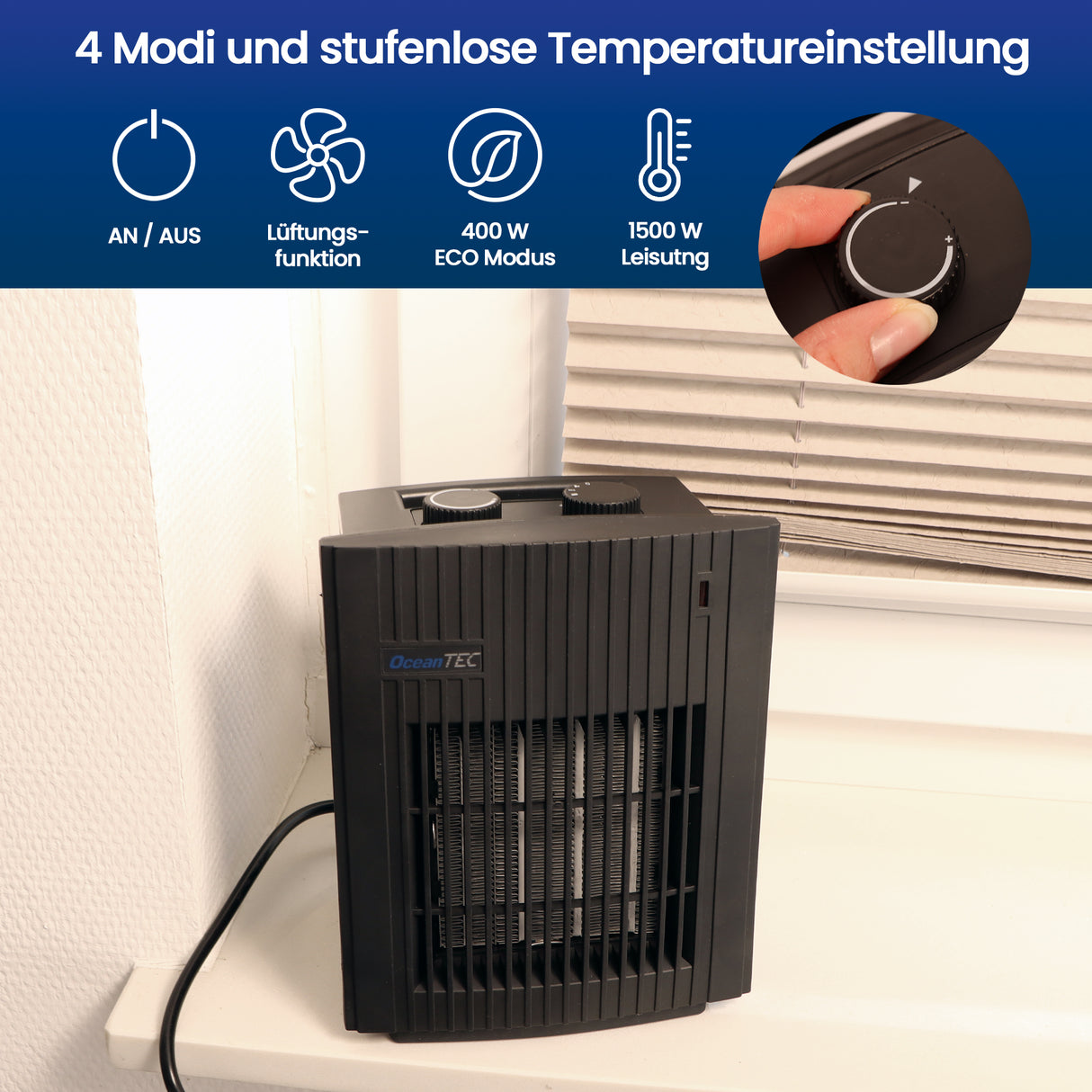OceanTEC Keramikheizer mit Ventilatorfunktion, Heizlüfter, Überhitzungsschutz & ECO MODE