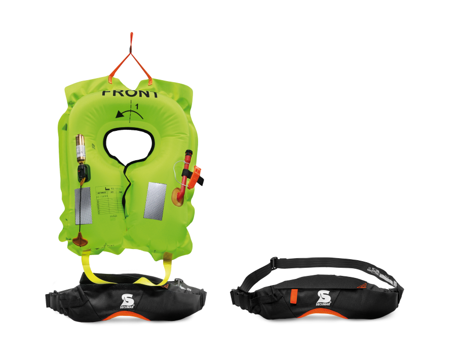 SECUMAR FREE 100, Hüftgürtel für Schwimmer & SUP, 100N Auftrieb, manuelle Auslösung, CE, mit CO₂-Patrone, schwarz/orange
