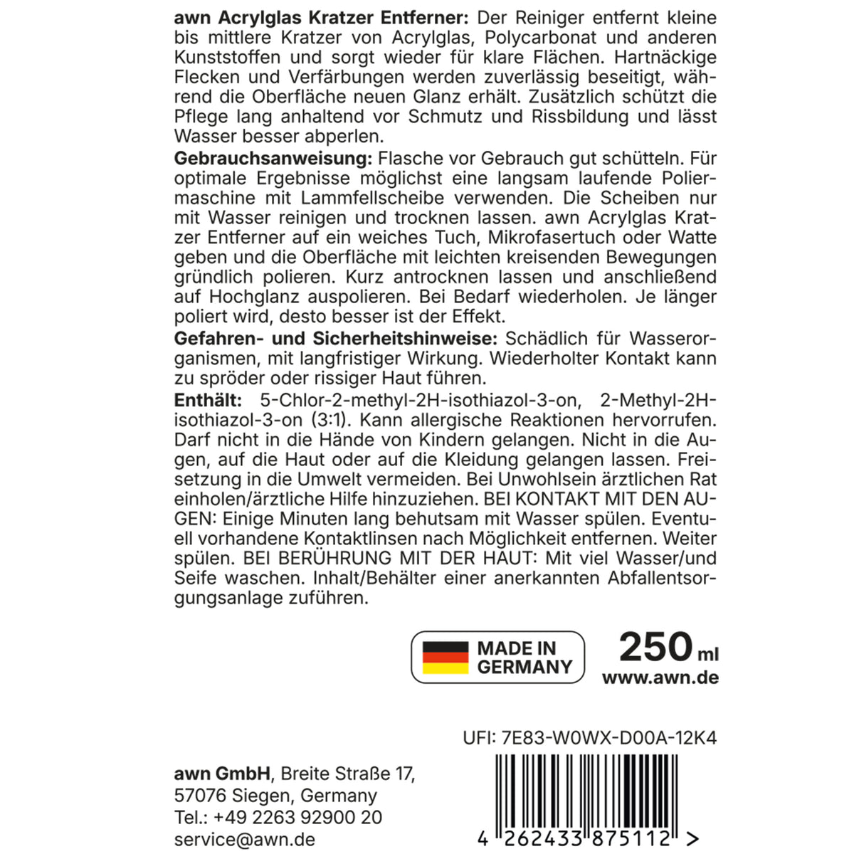 awn Acrylglas Kratzer Entferner, entfernt Kratzer und Verfärbungen, für Acrylglas und Polycarbonat, 250 ml