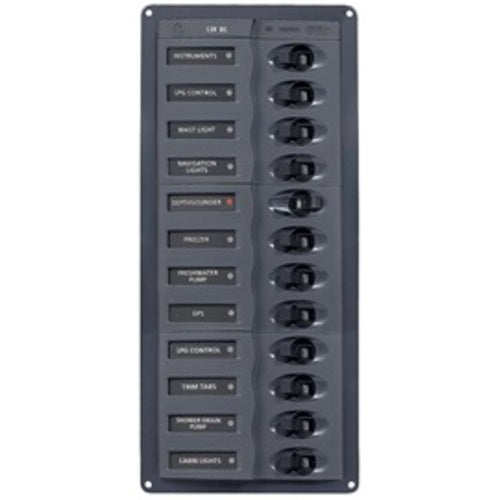 BEP Trennschalter-Panel 12-fach vertikal DC 12V, Sicherungsschalter, anti-korrosionsbehandeltes Aluminium