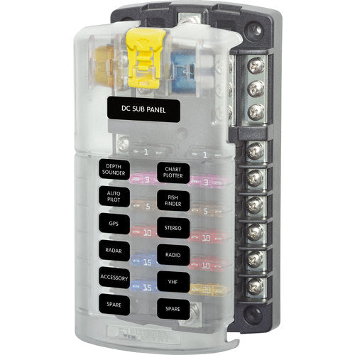 Blue Sea Sicherungsblock 12 Schaltkreise Flachsicherung, Verteilerbus Bolzen 10-32, für ATO/ATC-Sicherungen, Modelle mit/ohne Abdeckung, ABYC/USCG-konform