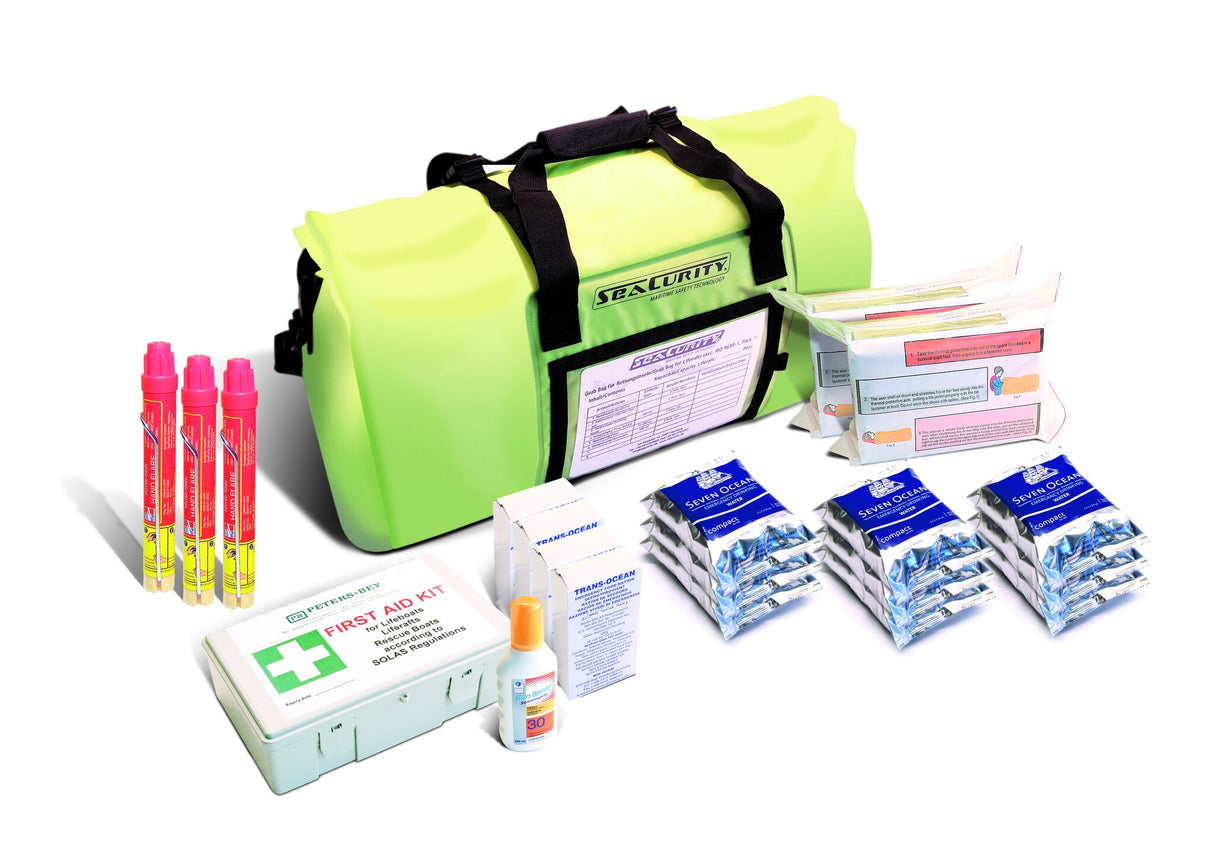 Notfall-Pack Produktart nach ISO 9650-1 für >24h, Rettungsinsel Überlebensausrüstung, wasserdichte Tasche und SOLAS-zertifizierte Artikel