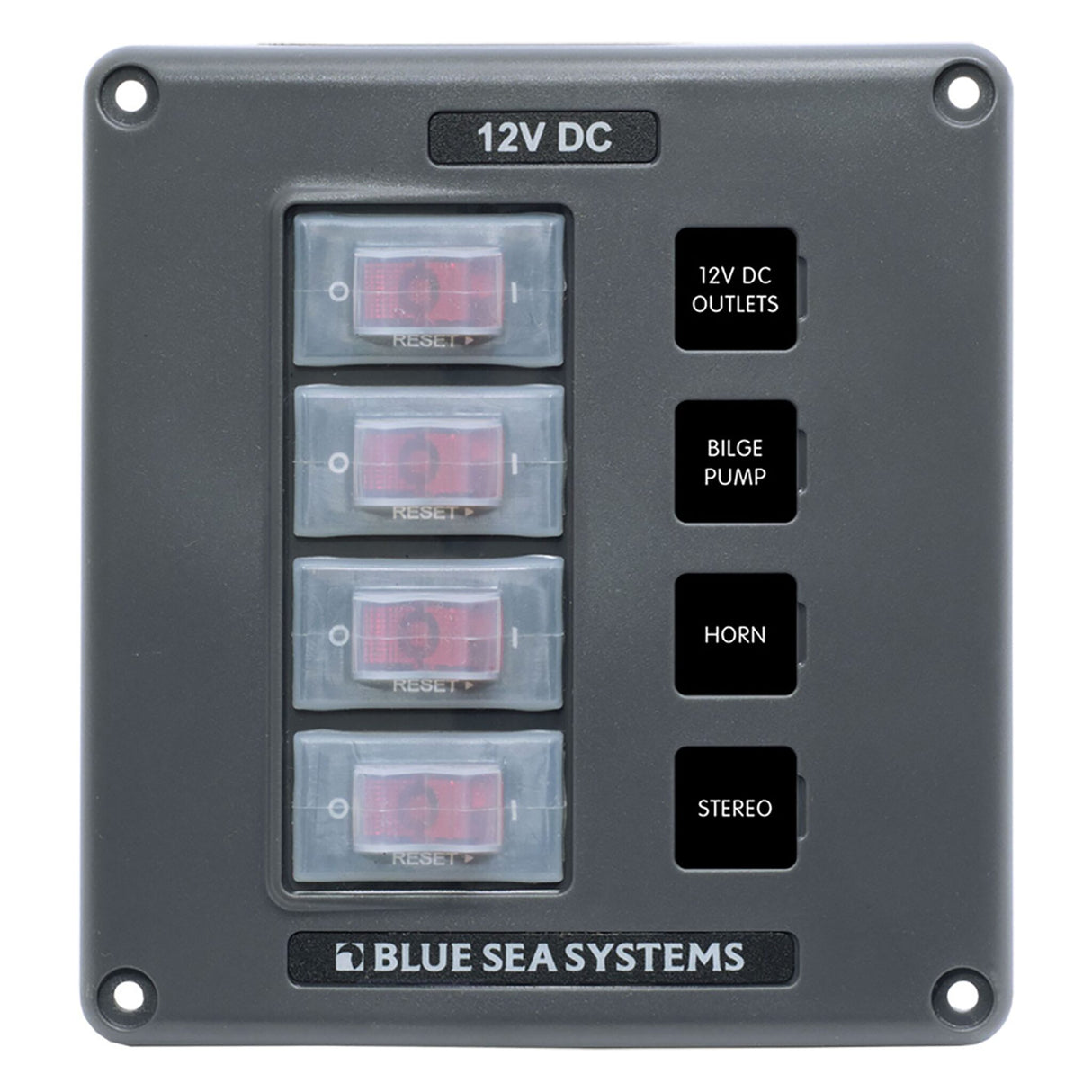 Blue Sea System Schaltpaneel 15A, beleuchtet, Überstromschutz, Wasserabweisend, einfach zu installieren - 4 oder 6 Schalter (Optional mit USB)