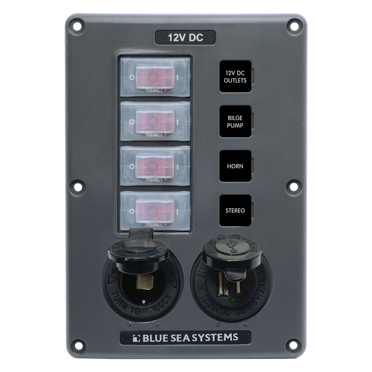 Blue Sea System Schaltpaneel 15A, beleuchtet, Überstromschutz, Wasserabweisend, einfach zu installieren - 4 oder 6 Schalter (Optional mit USB)