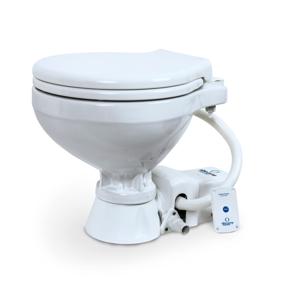 Albin Pump Marine Toilette STANDARD ELEKTRO WCs mit 12 Volt, elektrischem Zerkleinerer und Pumpe, One-Touch-Bedienfeld, weißes Keramikbecken und Holzsitz -