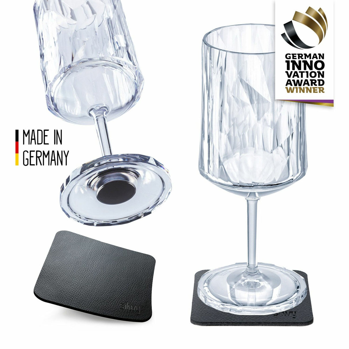 silwy 2er Set Kunststoffgläser Wein mit Magnet und Untersetzer
