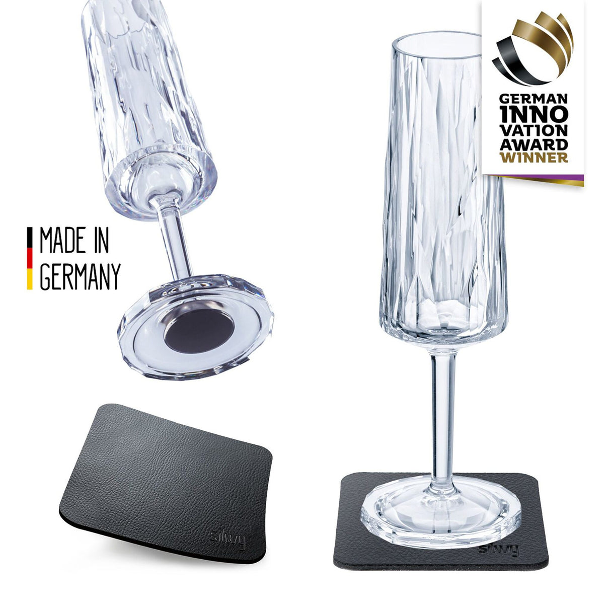 silwy 2er Set Kunststoffgläser Champagner mit Magnet und Untersetzer