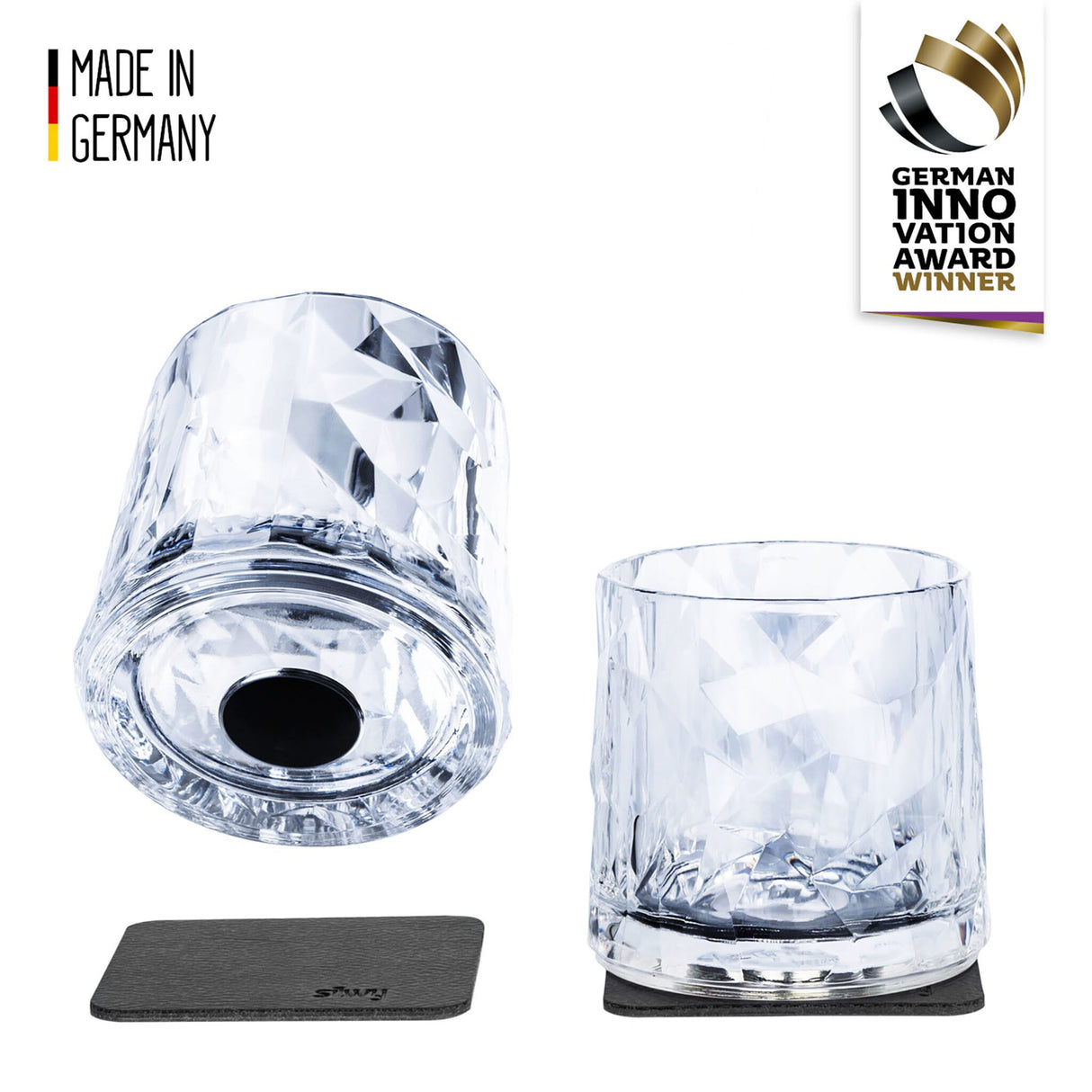 silwy 2er Set Kunststoffgläser Whisky mit Magnet und Untersetzer