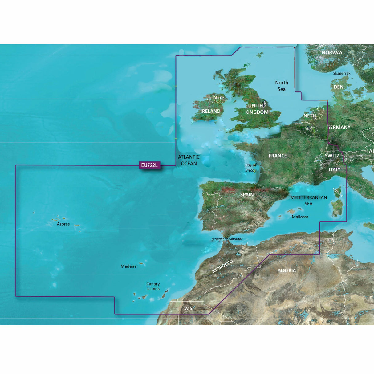 Garmin Seekarte Blue-Chart G3 Vision, elektronische Seekarte, 3D-Ansichten und Tiefenschattierung, Atlantikküste Europa