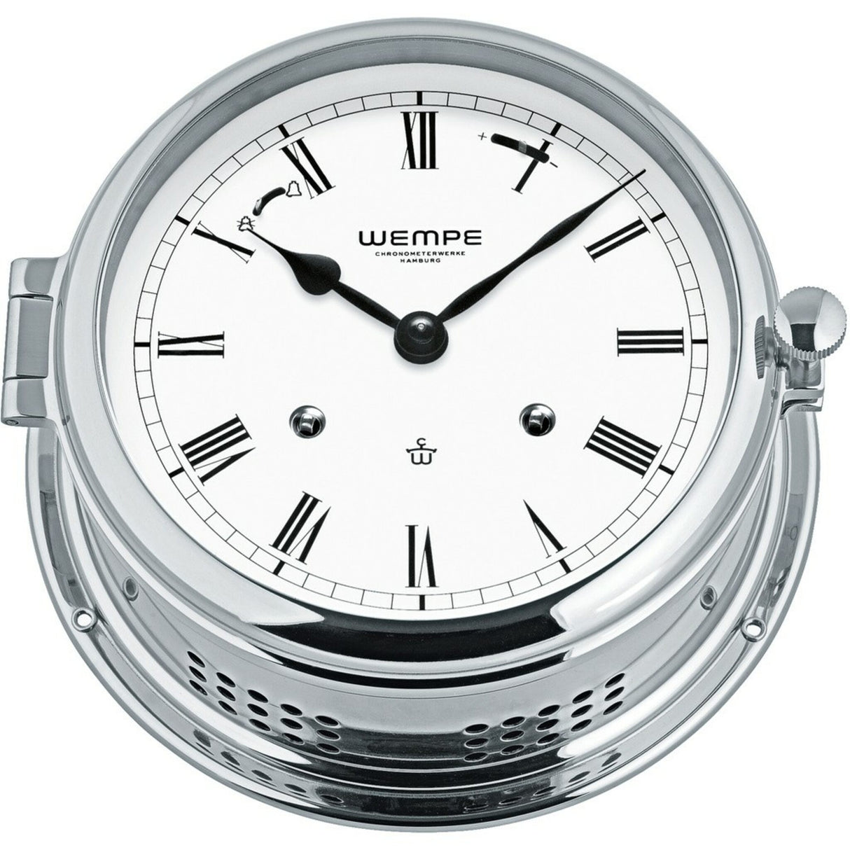WEMPE Schiffsuhr Admiral, edle Glasenuhr aus verchromtem Messing, mechanisches Uhrwerk, blauer Ziffernring, besonders dekorativ