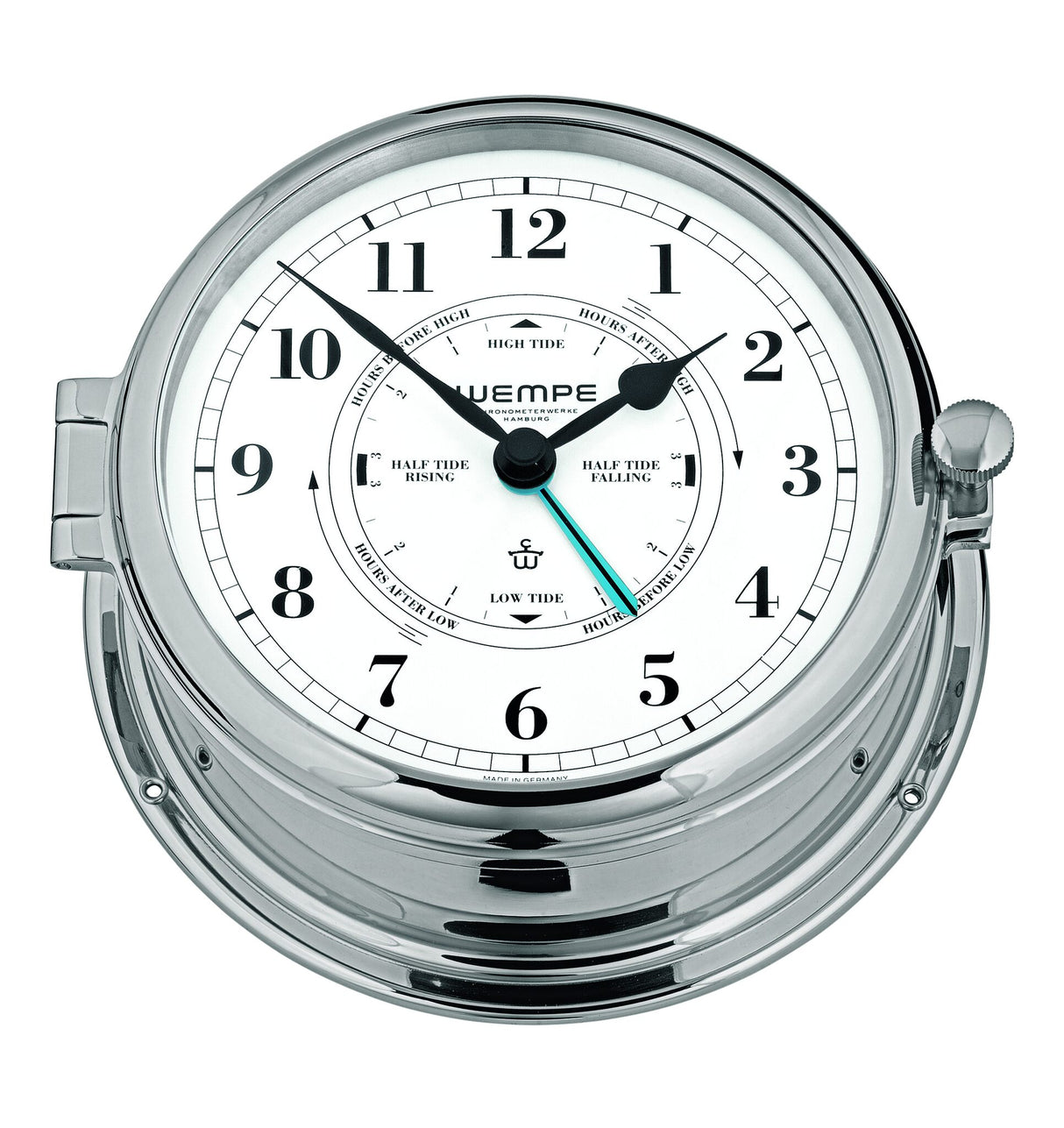 WEMPE Tidenuhr Schiffsuhr massiv verchromtes Messing, Marineuhr, zweifarbiges Design weiße und blaue Skala