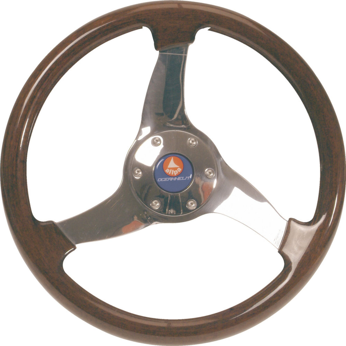 3-Speichen-Steuerrad Edelstahl Mahagoniholzkranz, Retrodesign 350 mm, Lenkgrad USP