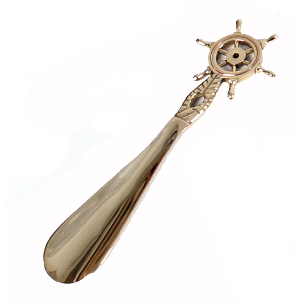 Schuhlöffel Messing maritim mit Steuerrad, Schuhanzieher, dekorativer Kupferring 26 cm Länge