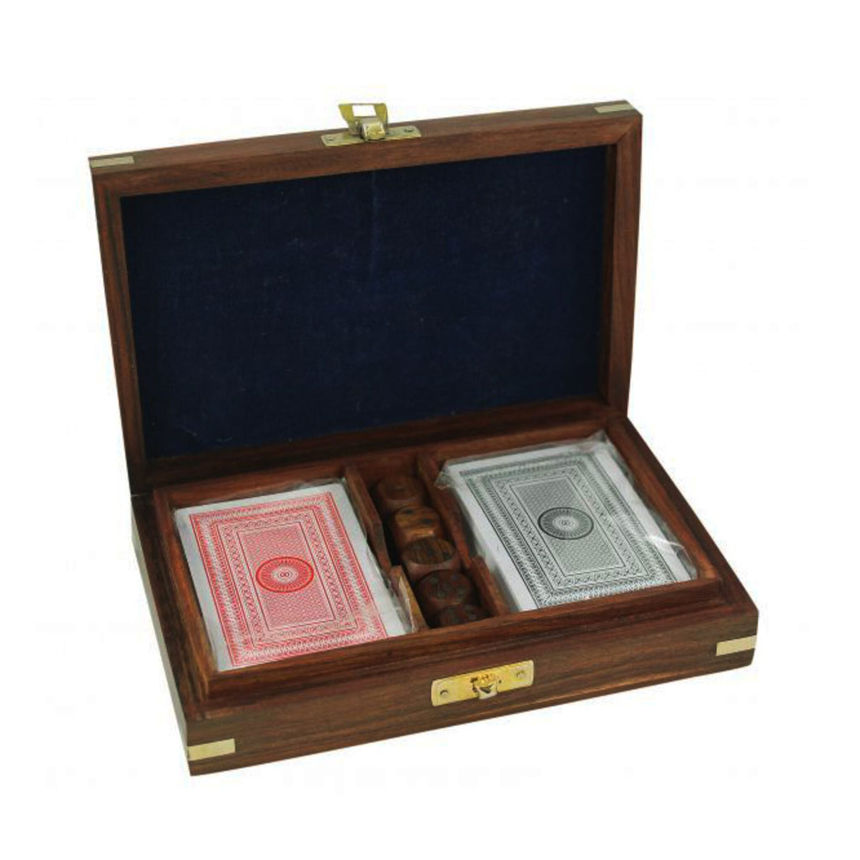 Karten- und Würfelbox Holz massiv, Spieleset ideal für Unterwegs, Doppeltes Kartenspiel inklusive