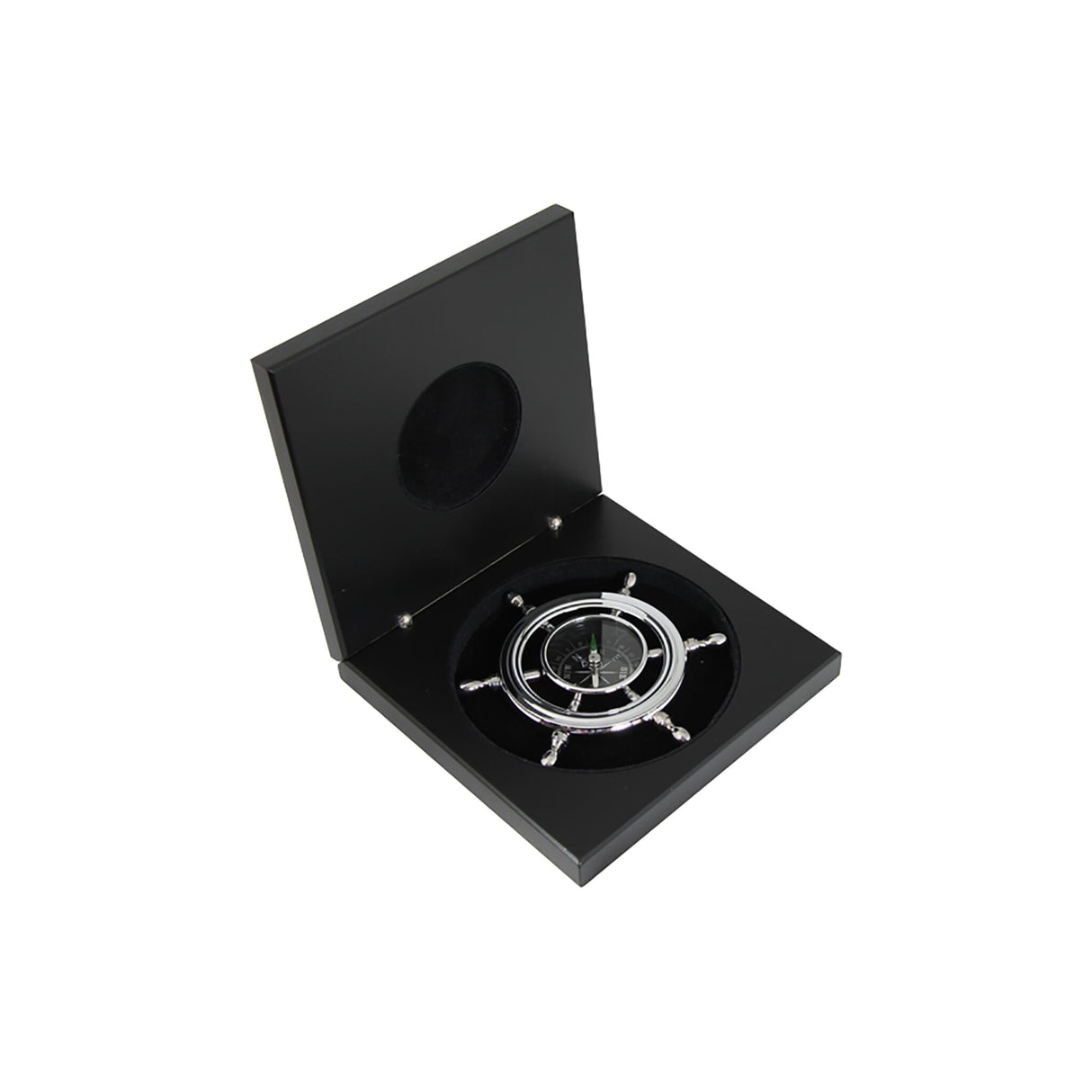 Steering wheel compass made of chrome-plated brass in a wooden box, nautical compass, Ø 9 cm