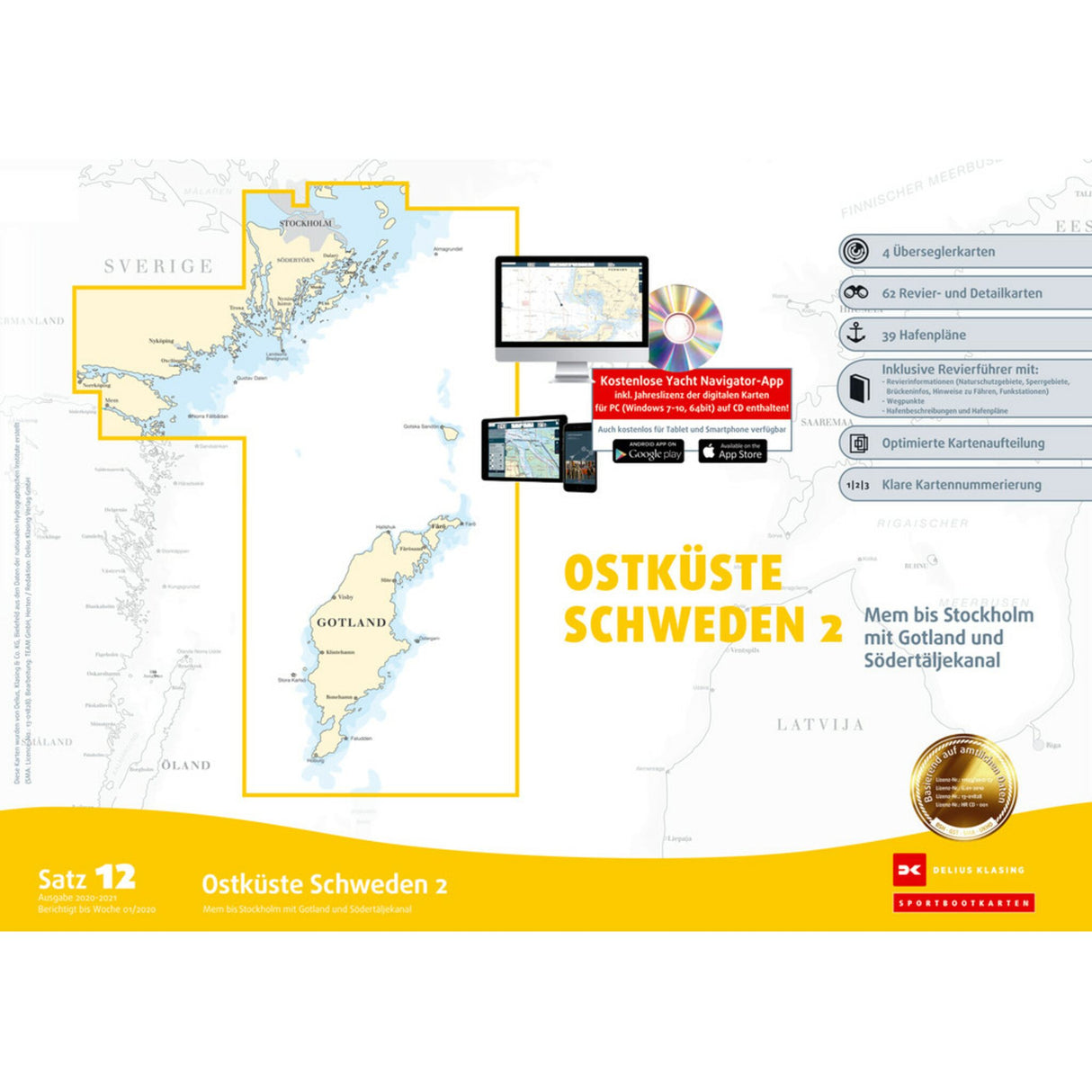 Delius Klasing Sport Boat Chart Set East Coast Sweden 2020, nautical chart set, including area guide and harbor plans