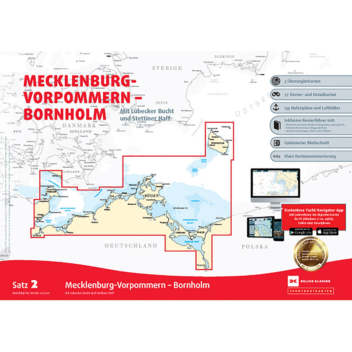 Delius Klasing Sportbootkartensatz 2 Mecklenburg-Vorpommern Bornholm 2023, Navigationskarte, Übersicht Seegebiet Deutschland Dänemark