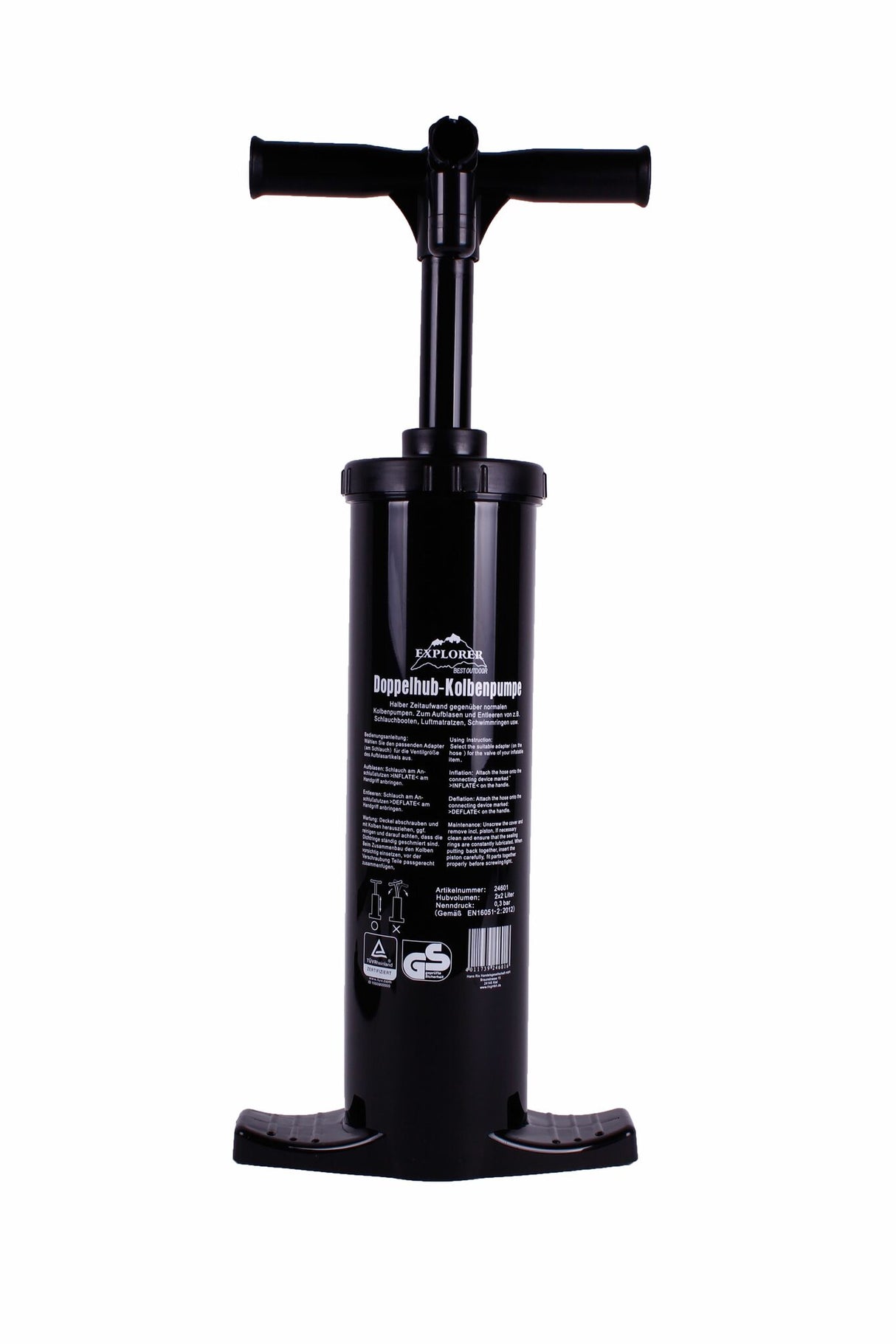 Doppelhubkolbenpumpe Manuelle Pumpe 0,3 Bar, Flexibler Schlauch, Überdruckventil, Für Schlauchboote, TÜV/GS geprüft