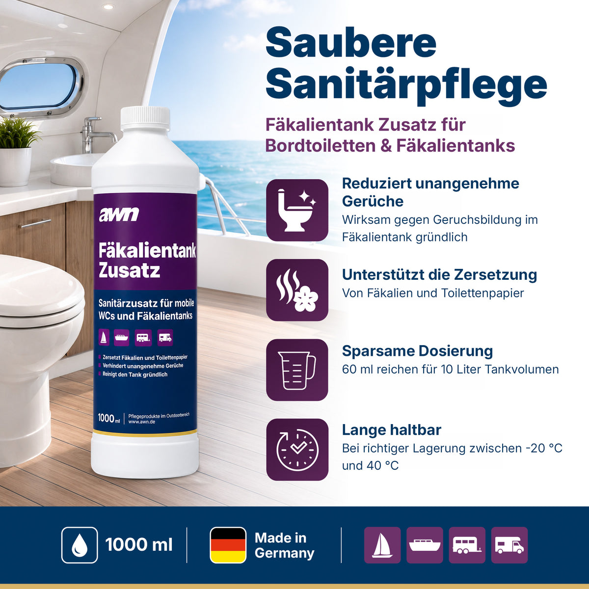 awn Fäkalientank Zusatz, Geruchsreduzierung und Tankpflege für Camping-WCs und Fäkalientanks, 1 Liter