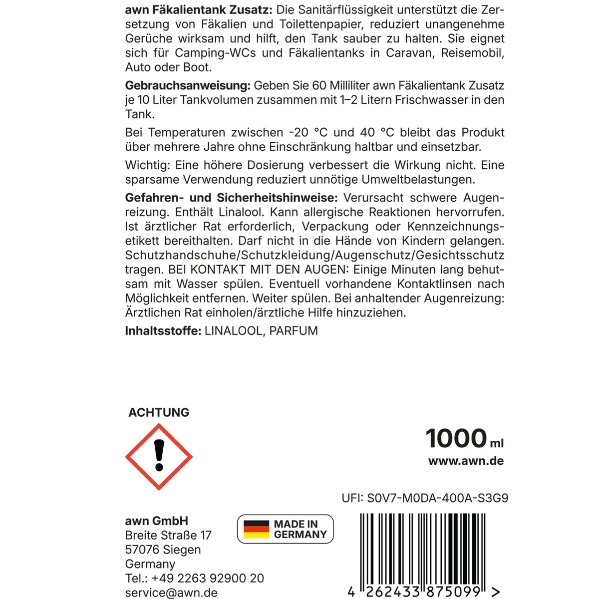 awn Fäkalientank Zusatz, Geruchsreduzierung und Tankpflege für Camping-WCs und Fäkalientanks, 1 Liter