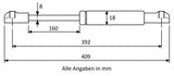 Gasdruckfeder 392mm / 160mm mit Kugelkopfaufnahme Schwarz