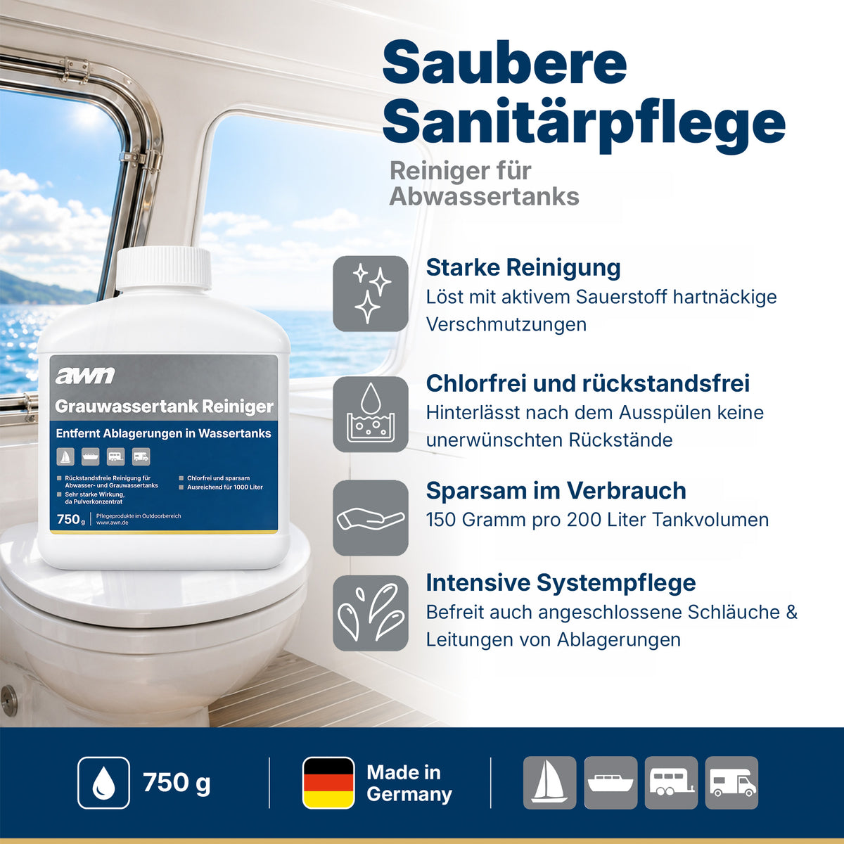 awn Grauwassertank Reiniger, chlorfrei, mit aktivem Sauerstoff, für Tanks, Schläuche und Leitungen, 750 g