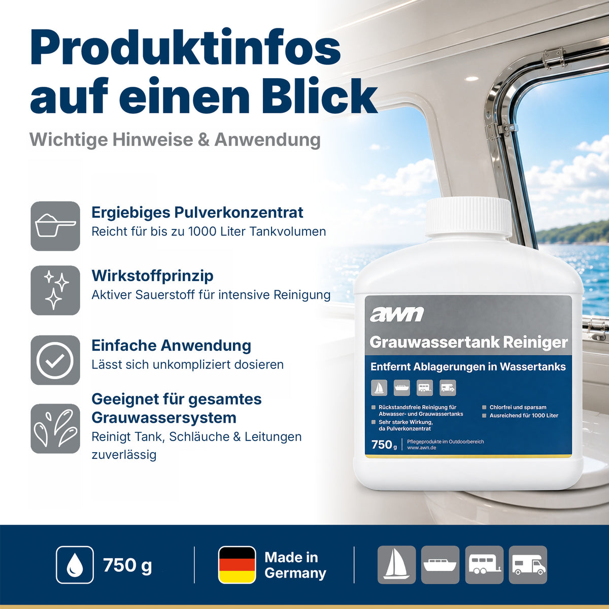 awn Grauwassertank Reiniger, chlorfrei, mit aktivem Sauerstoff, für Tanks, Schläuche und Leitungen, 750 g