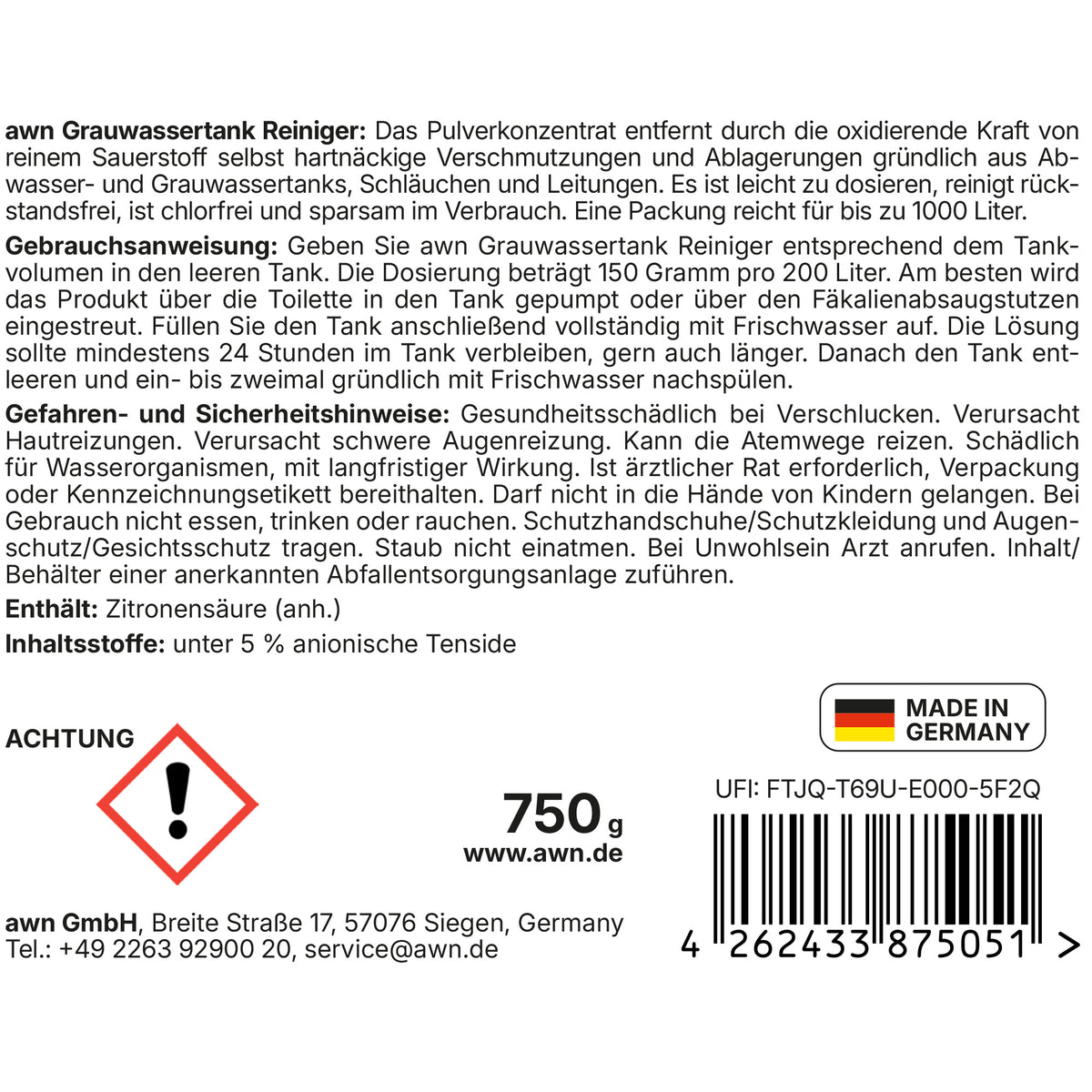 awn Grauwassertank Reiniger, chlorfrei, mit aktivem Sauerstoff, für Tanks, Schläuche und Leitungen, 750 g