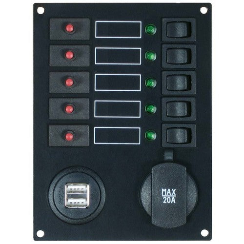 Philippi Stromkreisverteiler 5 Kreise, Sicherungsverteiler mit Schutzschaltern, LED-Anzeige, Wippschalter, DC/USB-Ladesteckdose