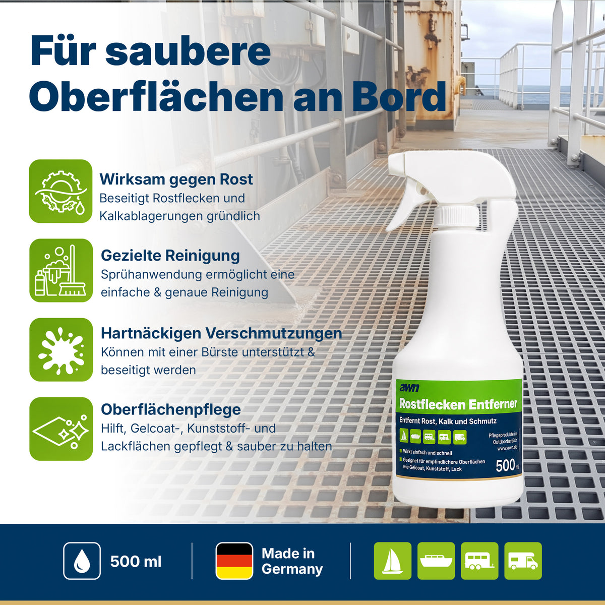awn Rostflecken Entferner, gegen Rost, Kalk und starke Verschmutzungen, für Gelcoat, Kunststoff und Lack, 500 ml