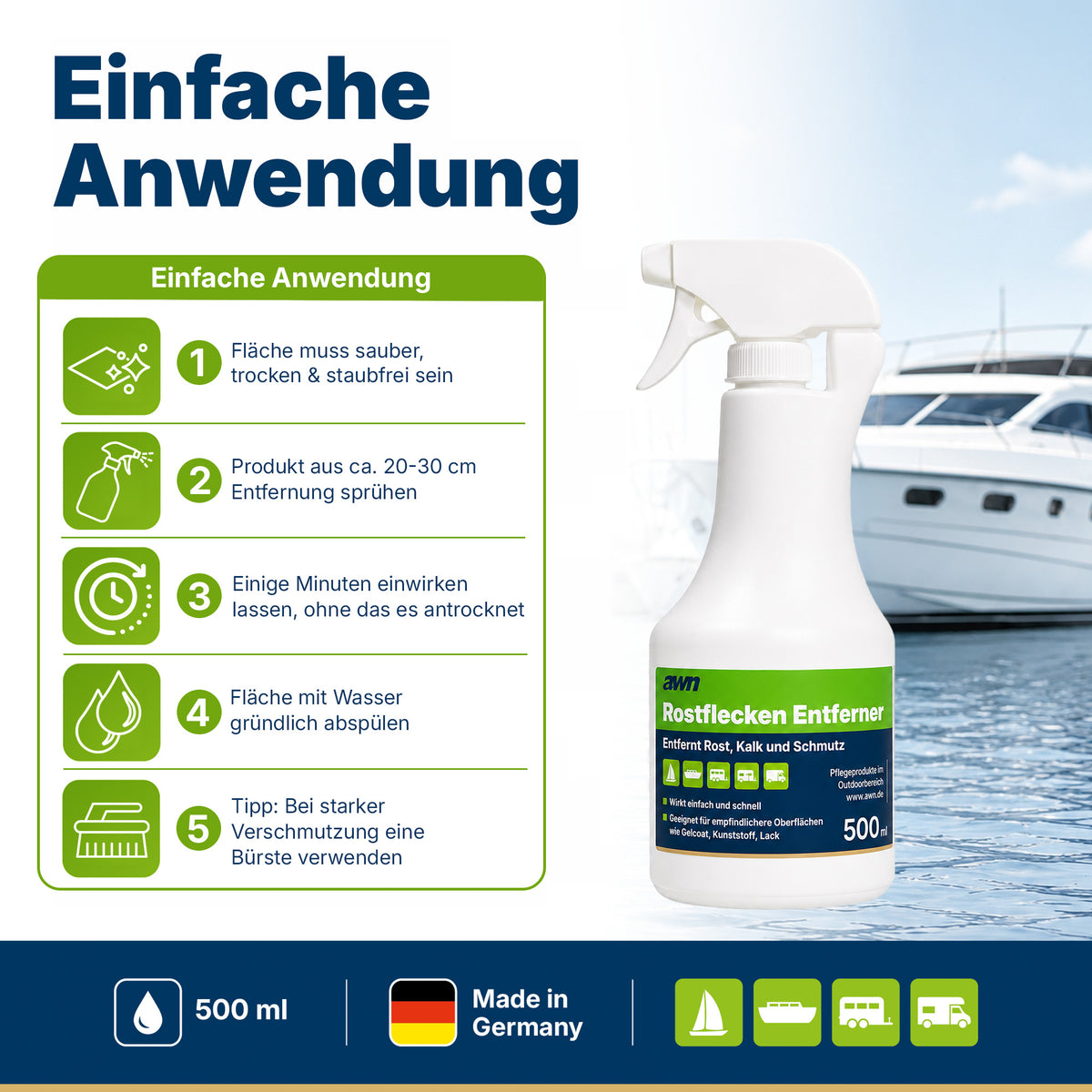 awn Rostflecken Entferner, gegen Rost, Kalk und starke Verschmutzungen, für Gelcoat, Kunststoff und Lack, 500 ml