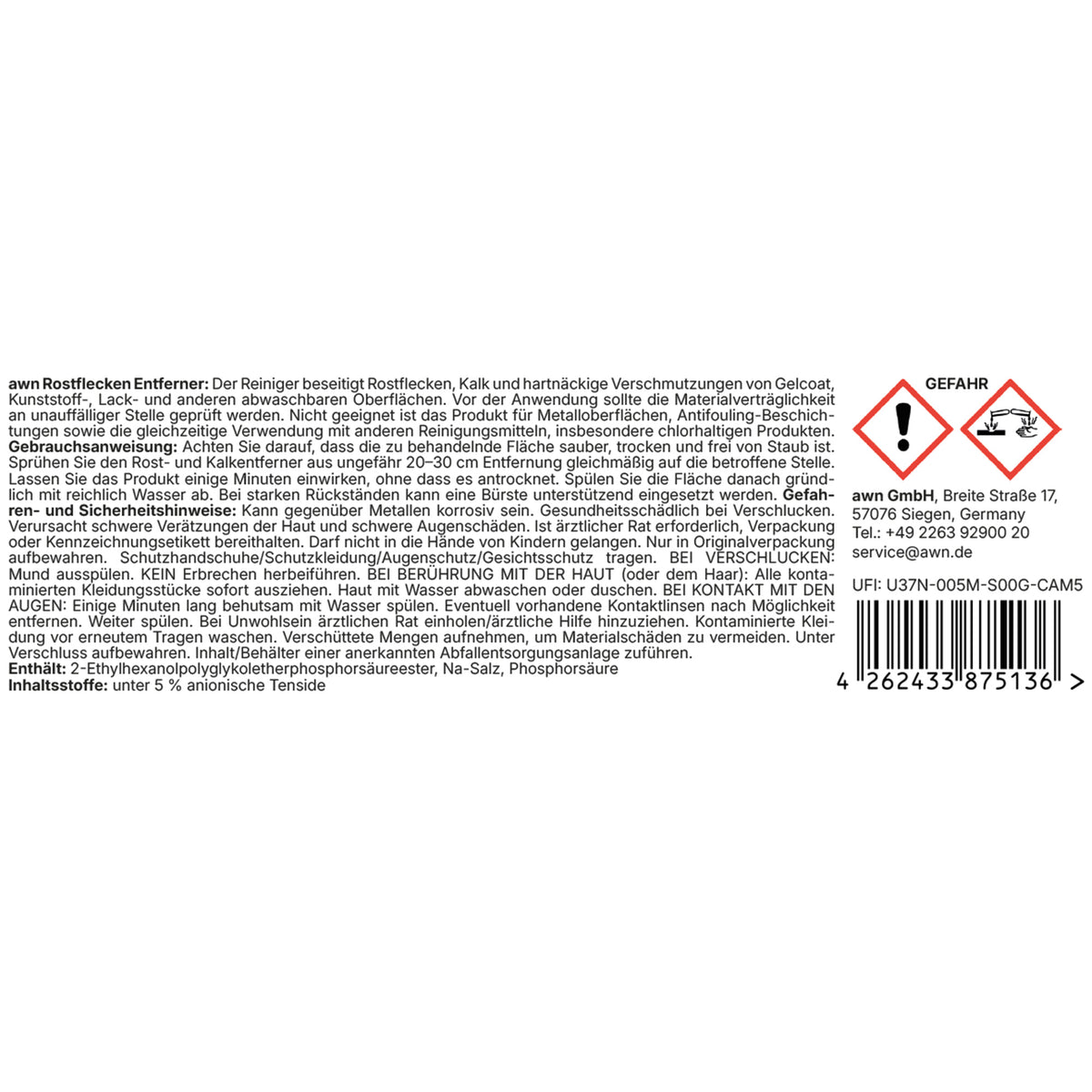 awn Rostflecken Entferner, gegen Rost, Kalk und starke Verschmutzungen, für Gelcoat, Kunststoff und Lack, 500 ml