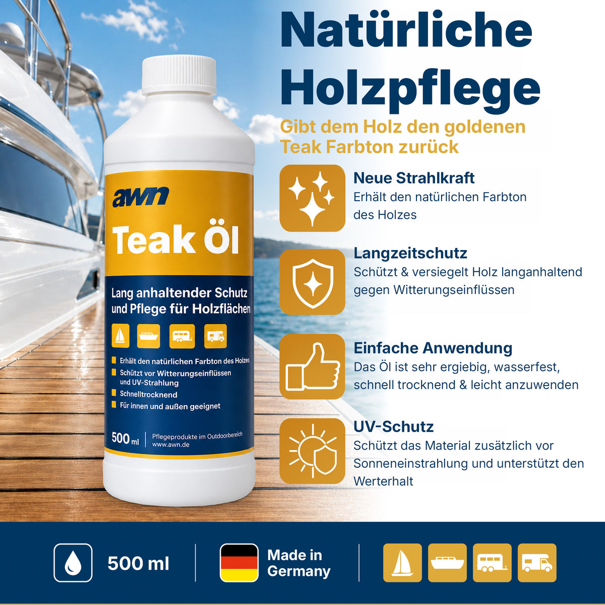 awn Teak Öl, natürliche Holzpflege mit UV-Schutz, wasser- und salzwasserbeständig, 500 ml