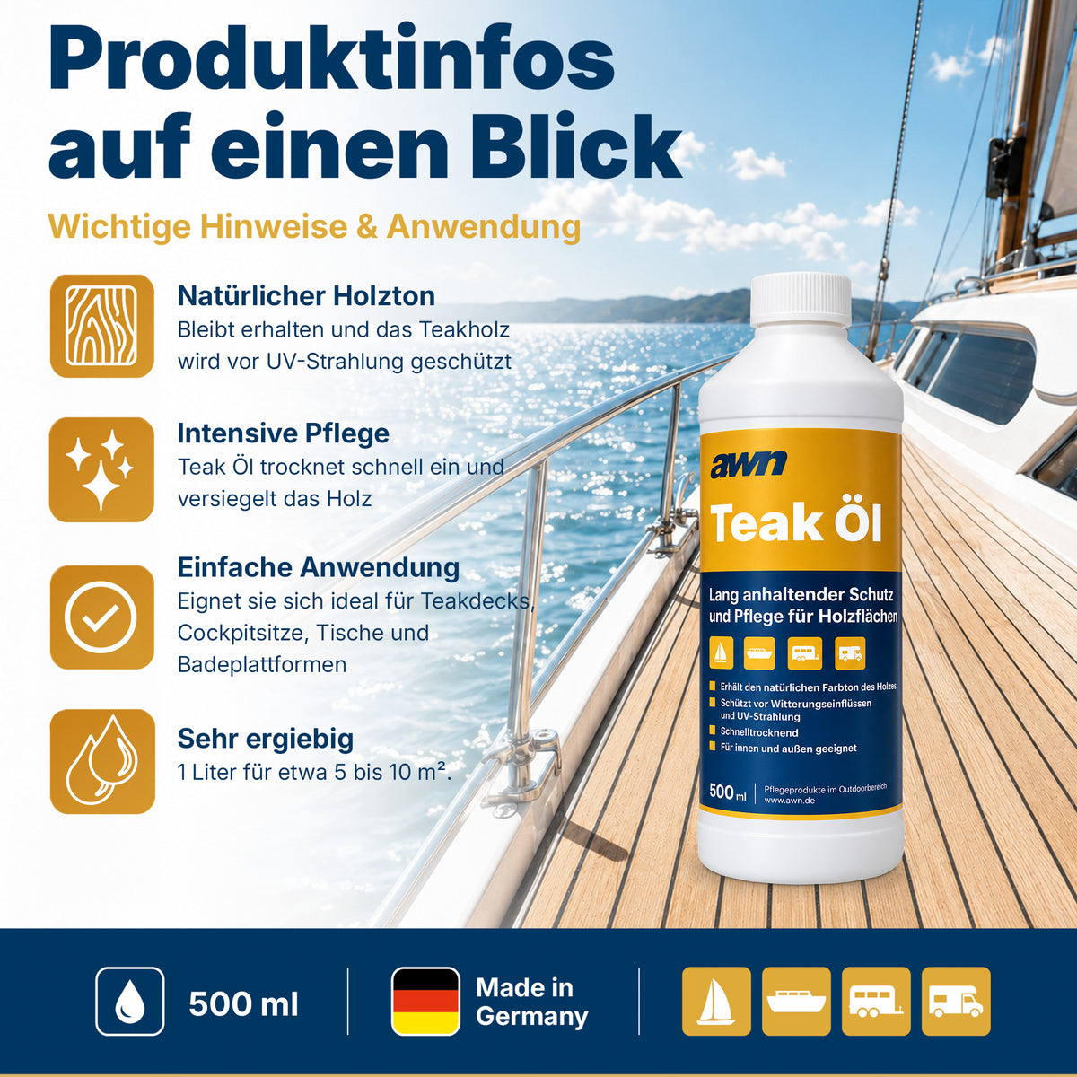 awn Teak Öl, natürliche Holzpflege mit UV-Schutz, wasser- und salzwasserbeständig, 500 ml