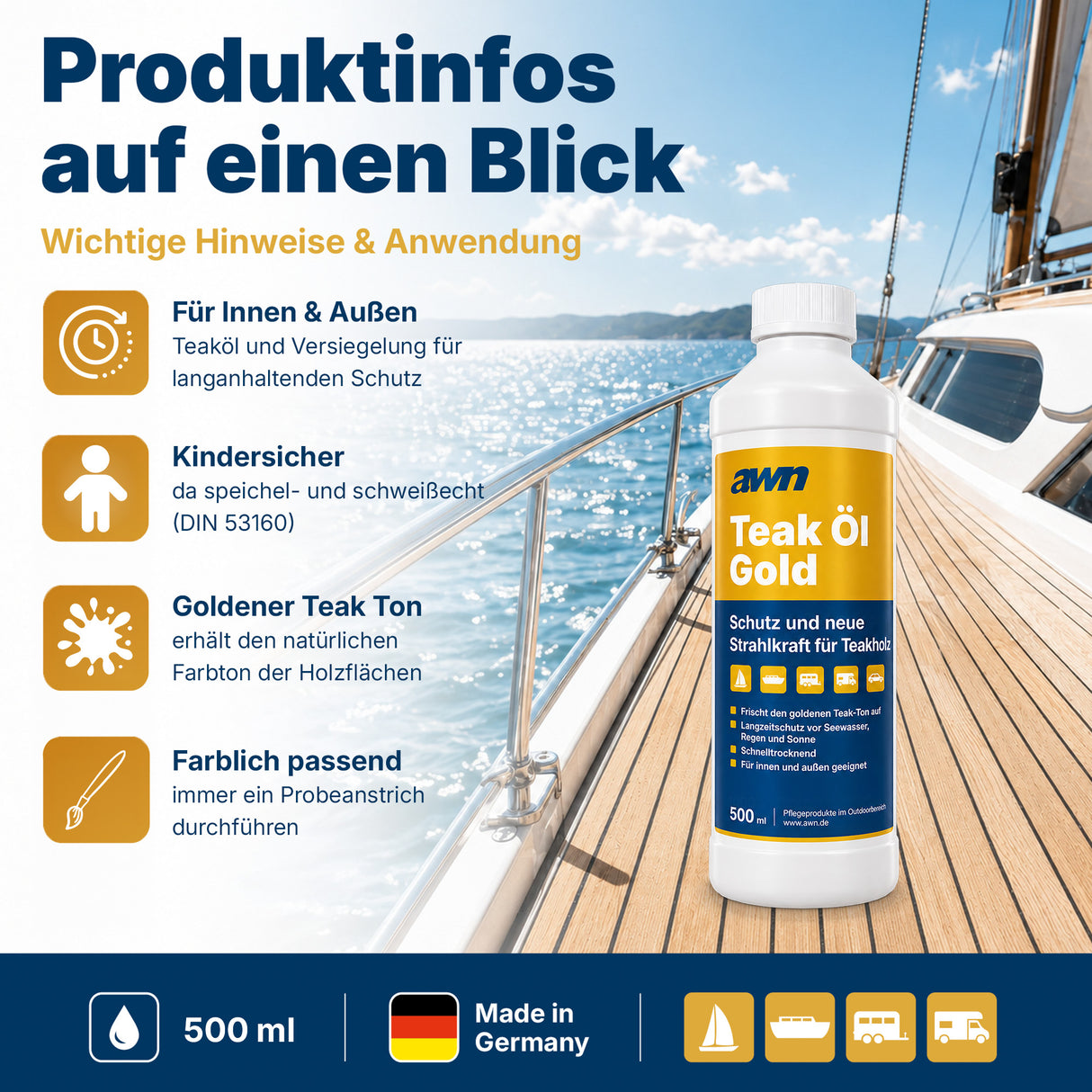 awn Teak Öl Gold, goldener Teakfarbton und UV-Schutz, für Teakholz innen und außen, 500 ml