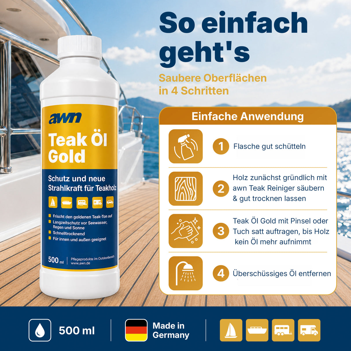 awn Teak Öl Gold, goldener Teakfarbton und UV-Schutz, für Teakholz innen und außen, 500 ml
