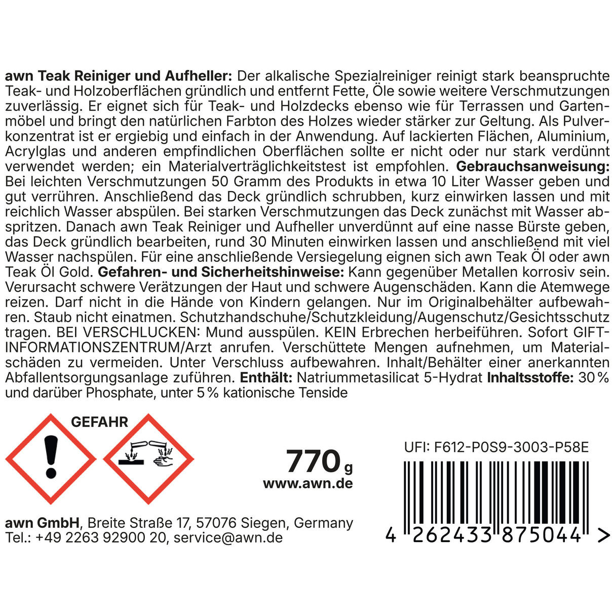 awn Teak Reiniger und Aufheller, intensive Reinigung für Teak- und Holzoberflächen, 770 g