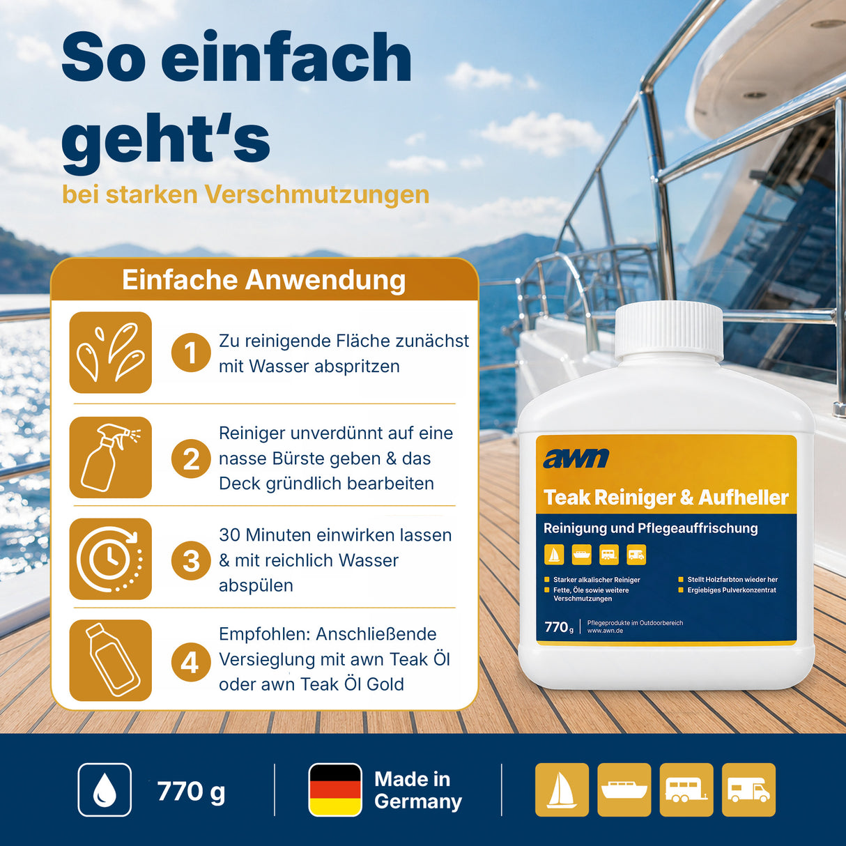 awn Teak Reiniger und Aufheller, intensive Reinigung für Teak- und Holzoberflächen, 770 g