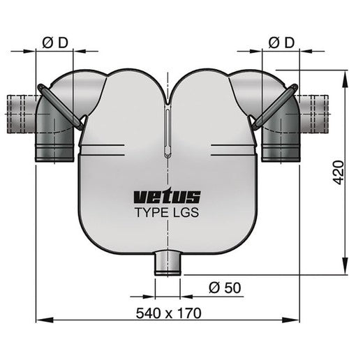 Vetus Auspuffgasseparator 50/75 mm, Gas-/Wasserabscheider, Geräuschminderung und Schwanenhals-Funktion