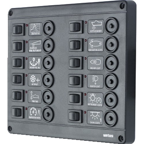 Vetus Schalterpaneel 12 Automatiksicherungen, Kontroll-LEDs, fertig verdrahtet