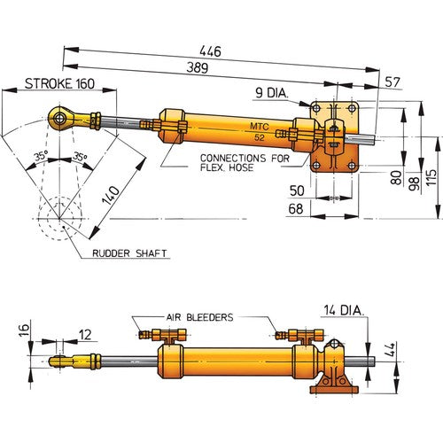 Vetus Steuerzylinder verzinkter Gelenkkopf, Hydraulikzylinder, Edelstahl-Option erhältlich